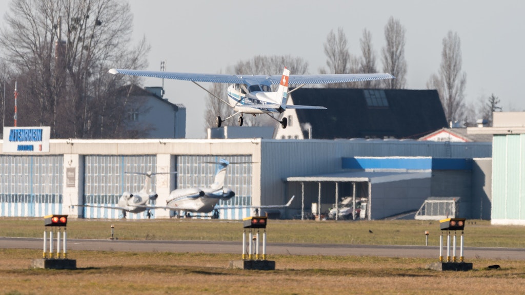 Saint Gallen, Altenrhein, Switzerland, February 12, 2022 Cessna 172 propeller plane is departing from runway 28